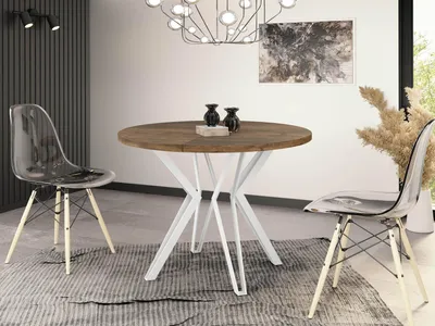 Obrázok produktu pre Okrúhly jedálenský stôl - priemer 100 alebo 120 cm - rozťahovací stôl s kovovými nohami s práškovým nástrekom bielej farby - industriálny štýl - 100 cm - dub Lefkas