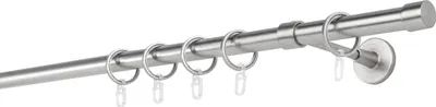 A silver curtain rod with rings and a wall mount, shown against a white background.