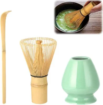 Imagen del producto de Set de té verde en polvo, 3 piezas, bambú, hecho a mano