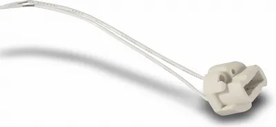 A white ceramic G9 socket with two white wires extending from it, set against a white background.