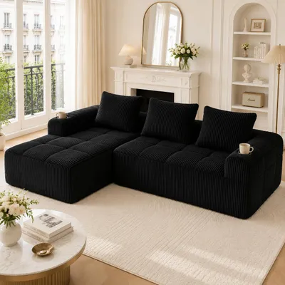 Produktbild von Cord Sofa Kleines Couch 2-Sitzer Modular mit Getränkehalter Seitentasche Polstersofa Kompaktsofa Wohnzimmer Couchgarnitur inkl 3 Kissen Schwarz