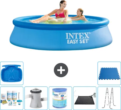 Produktbild von Intex runder aufblasbarer Easy Set-Pool – 244 x 61 cm – Blau – im Lieferumfang enthalten Wartungspaket - Filterpumpe für Schwimmbad - Filter - Solarmatte - Leiter - Fußbad