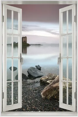 Produktbild von Wallario Wandbild mit Fenster-Illusion: Schloss in Schottland, Größe: 61 x 91,5 cm, Poster mit weißem Aluminiumrahmen
