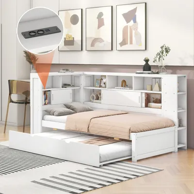 Image de Lit banquette enfant 90x200cm blanc avec lit tiroir, rangement, port USB, sans matelas