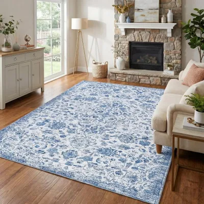 Obrázek produktu pro Vintage koberec s květinovým vzorem – orientální koberec do obývacího pokoje – 100 % polyester – lze prát v pračce – protiskluzová gumová spodní strana – 200 × 290 cm – modrá
