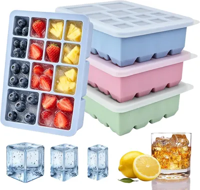 Produktbild von Eiswürfelform mit Deckel Silikon, 3 Größen, 13 Fächer, BPA-frei, Stapelbar
