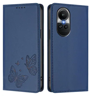 Image de Étui en cuir pour Oppo Reno10 / Reno10 Pro 5G, motif papillon, étui à rabat avec porte-appareil, bleu foncé