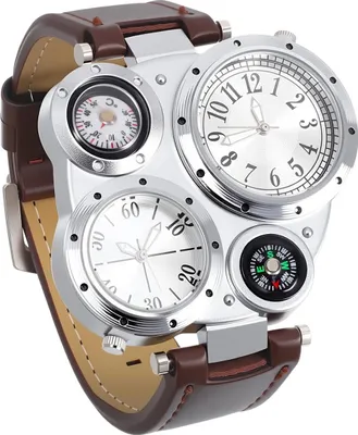 Produktbild von Armbanduhren, Herren-Armbanduhr mit großem Zifferblatt mit Echtlederarmband, Dual-Zeitzonen-Sportuhr, analogem Quarzdisplay, Thermometer und Kompass