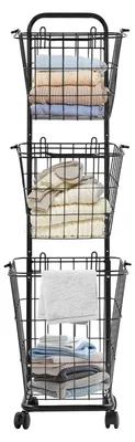 Image de Chariot à linge - Panier à linge à 3 étages avec roulettes - Métal - Capacité de charge : 10 kg par étage - Dimensions : 26 × 32 × 123 cm - Largeur du panier : 36,5 cm - Noir