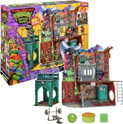 The image shows the packaging and assembled playset of the Teenage Mutant Ninja Turtles: Mutant Mayhem Headquarters.