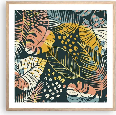 Produktbild von Gerahmtes Poster - Rahmen in heller Eiche - Blätter modern bunt - 60x60 cm - Wand Bild - Wanddeko - Wandbilder - Kunstposter - Wandposter - Bilderrahmen - Bilder - Kunstdruck - P2NAC60x60-4630