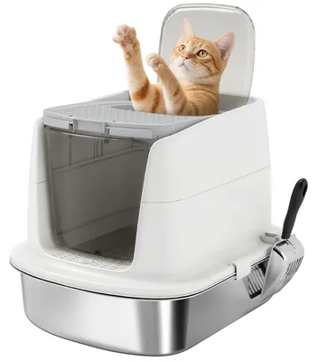 Produktbild von Katzentoilette Edelstahl. geschlossene Katzentoilette mit Schaufel. Geruchsbeutel. Einstieg Ausgang