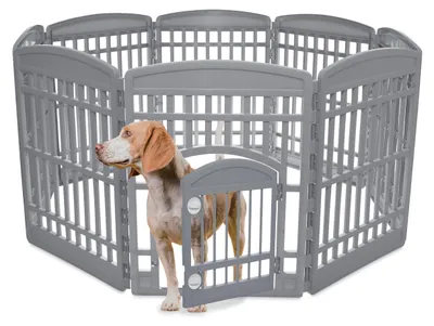 Productafbeelding van Iris Ohyama Puppyren met 8 panelen en een afsluitbare deur, hoogte 90 cm, grijs, geschikt voor kittens en puppy's, zowel binnen als buiten, puppyren, hondenomheining, puppyomheining, ren voor honden, CI-908