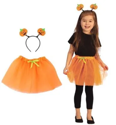 Produktbild von Mädchen Kürbis Kostüm Set - Tüllrock & Haarreif - Größe 104/116 - Spooky Outfit in Orange (Kürbis)
