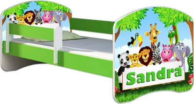 A children's bed with a zoo animal theme, featuring cartoon animals and the name 'Sandra'.