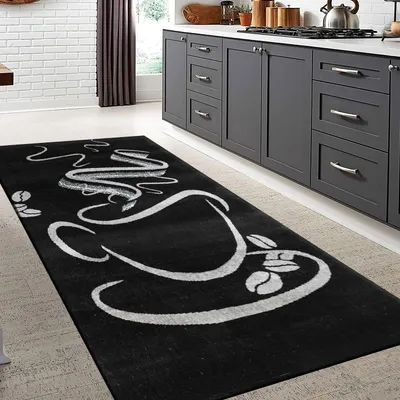 Produktbild von Küchenteppich Schwarz Trendiger Kaffee Teppich, Cappuccino Muster Tasse Kurzflor, Maße:80 x 150 cm