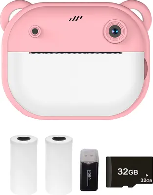 Obrázok produktu pre Detský fotoaparát, digitálny fotoaparát 1080P, termálna tlač s 2,4'' IPS obrazovkou, automatické zaostrovanie videa, s 2 kotúčmi papiera na tlač, 32G pamäťová karta + čítačka kariet