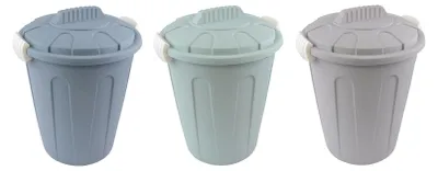 Three trash cans in different colors lined up against a white background.