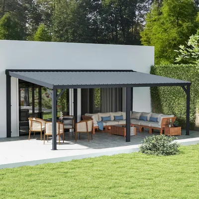 Immagine prodotto di Gazebo da parete, grigio, dimensioni 3,6 x 6,1 metri, dotato di sistema di drenaggio e tetto in acciaio zincato