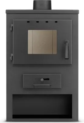 A front view of a dark gray wood-burning stove against a white background.
