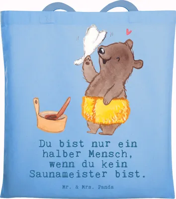 Produktbild von Mr. & Mrs. Panda Jutebeutel Saunameister Herz - Sky Blue - Geschenk, Shopping Tasche, Einkaufstasche, Schultasche, Tote Bag
