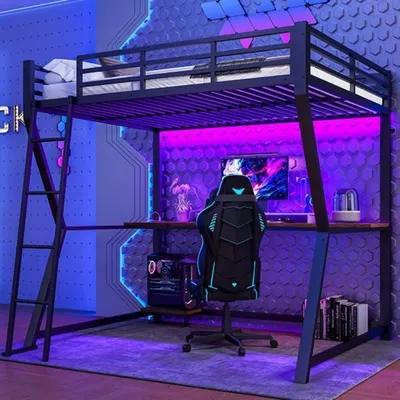 Immagine prodotto di Letto a soppalco con scrivania, dimensioni 140x200 cm, struttura in metallo nero, con presa USB e illuminazione a LED