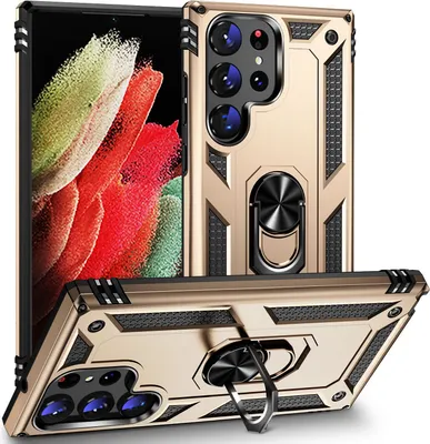 Produktbild von Schutzhülle für Samsung Galaxy S23 Ultra, Dual Layer Robust Militäre Fallschutz Hülle mit Ringhalterung Ständer Gold