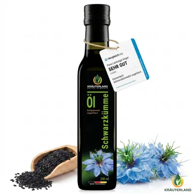 Produktbild von Kräuterland Schwarzkümmelöl 250ml Kaltgepresst Ungefiltert Thymochinonreich, 100 % Nigella Sativa, Omega 3-6-9, Naturrein ohne Zusatzstoffe, Mühlenfri