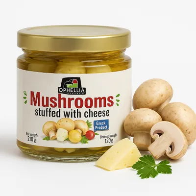 Produktbild von Ophellia Champignons gefüllt mit Käse und grüner Paprika 210 g im Glas aus Griechenland