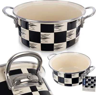A collage of an enamel pot with a checkered pattern.