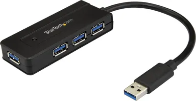 Produktbild von StarTech.com USB 3.0 Hub 4 Port - mit Ladeanschluss - inkl. Netzteil - USB Port Erweiterung - USB Splitter - Hub - 4 x SuperSpeed USB 3.0 - Desktop - für P/N: USB312SAT3CB, USB315CB2M, USBLT1MWS, USBLT2MBR, USBLT30CMW, USBLTM1MBK, USBLTM1MWH