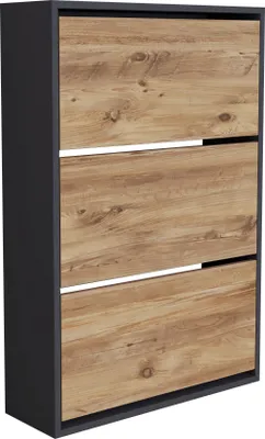 A shoe cabinet with three drawers, presented against a white background.