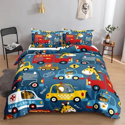 Zdjęcie produktu dla Komplet pościeli z motywem samochodu w stylu kreskówkowym, nadruk akwarelowy, wymiary: 200x200 cm, 2 x 80x80 cm, wykonany z mikrofibry