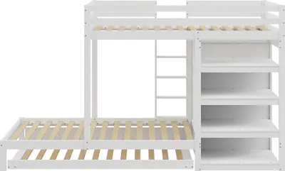Produktbild von Etagenbett 90x200cm (Ohne Matratze) Massivholzbett Mit Ausziehbett Multifunktionales Kinderbett Mit Kleiderschrank Schubladen und Ablagefach Weiß