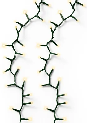 Two strings of LED lights are arranged diagonally on a white background.