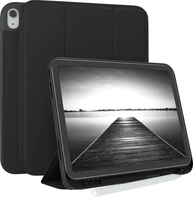 A black tablet case with a tablet inside, showing a landscape image on the screen. A stylus is also visible.