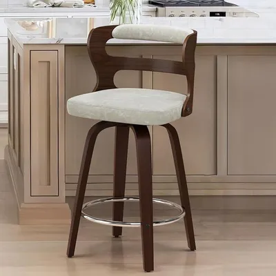 Imagen del producto de Conjunto de taburetes de bar giratorios de 360°, con respaldo y reposabrazos, de 66 cm de altura. Taburetes de madera con asiento de cuero sintético, diseño moderno, ideales para barras. Color: beige y nogal oscuro