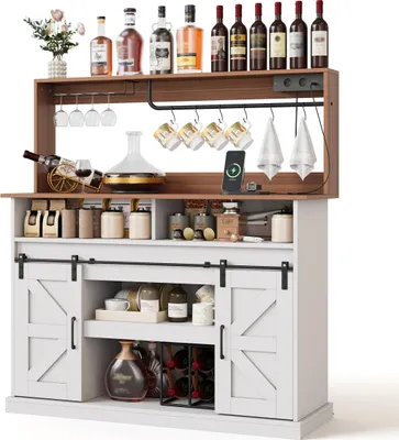 Produktbild von Kaffeebar 120 cm mit Gläserhalter & Steckdosen, Sideboard im Landhausstil mit Schiebetüren – Weiß/Natur