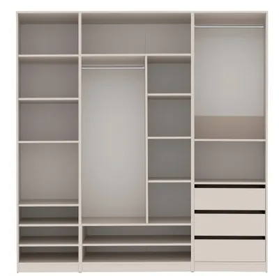 An empty wardrobe with multiple shelves, hanging rails, and drawers.