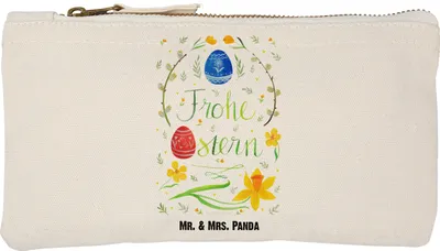 Produktbild von Mr. & Mrs. Panda toiletry bag Ostern Frohe Ostern Größe S Klein - Weiß - Geschenk, Ostergrüße, Bemalte Ostereier, Stoffbeutel, Pinseltasche, Kulturbeutel, Osterblume