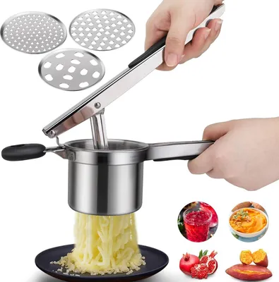 Produktbild von Kartoffelpresse, Spätzlepresse Edelstahl Kartoffelstampfer mit 3 Austauschbaren Sieben Mehrzweck-Kartoffelpress für Kartoffelpüree Gemüsebrei