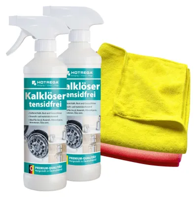 Produktbild von HOTREGA Kalklöser tensidfrei 2x 500 ml inkl. 2x Microfasertuch Micro Top, Entkalker, Badreiniger, Kalksteinentferner, Kalkreiniger