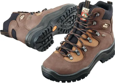 Two brown hiking boots are shown against a white background. One boot is in the foreground, facing slightly to the right, while the other is in the background, angled to the left.