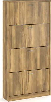 A tall, narrow wooden shoe cabinet with four flip-down doors.