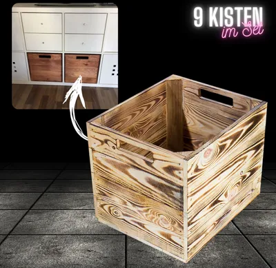 Produktbild von 9er Set geflammte/gebrannte Kiste für Kallax Regal Ikea 33cm 37,5cm 32,5cm Einschub Einsatz Schublade Fach Korb Holzkiste Box Holz