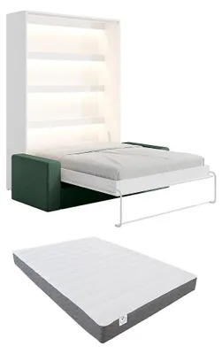 Produktbild von Schrankbett 140 x 200 cm - Manuelle vertikale Öffnung - Mit LEDs - Weiß + Matratze + Grünes Sofa - RAPILI