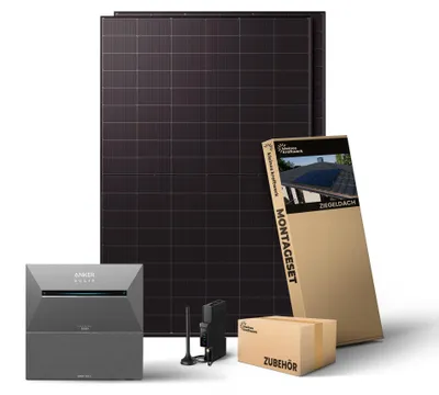 Produktbild von Kleines Kraftwerk 1000W Balkonkraftwerk Ziegeldach Halterung (bifazial) inkl. Anker Solarbank 3 + Zusatzbatterie – 0% MwSt – Solaranlage mit Speicher