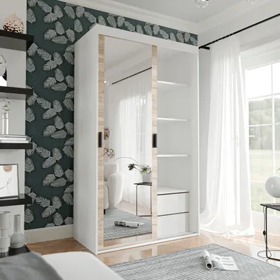 Image de Armoire à portes coulissantes à deux portes avec miroir PEDRI 120 cm avec étagères et tringles Armoire penderie blanc Sonoma poignées noires avec tiroirs