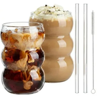 Immagine prodotto di Set di 2 bicchieri per Latte Macchiato, capacità 550 ml, in vetro borosilicato, lavabili in lavastoviglie, con spazzola e cannucce