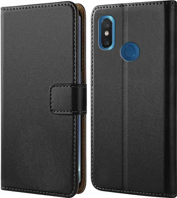 A black flip case for a smartphone is shown from two angles, open and closed.